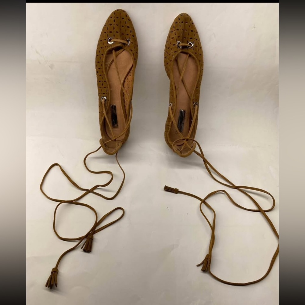Halogen Suede Brown Lace Up Perforated Ballet Flats Women's Shoes Size 6.5 M New